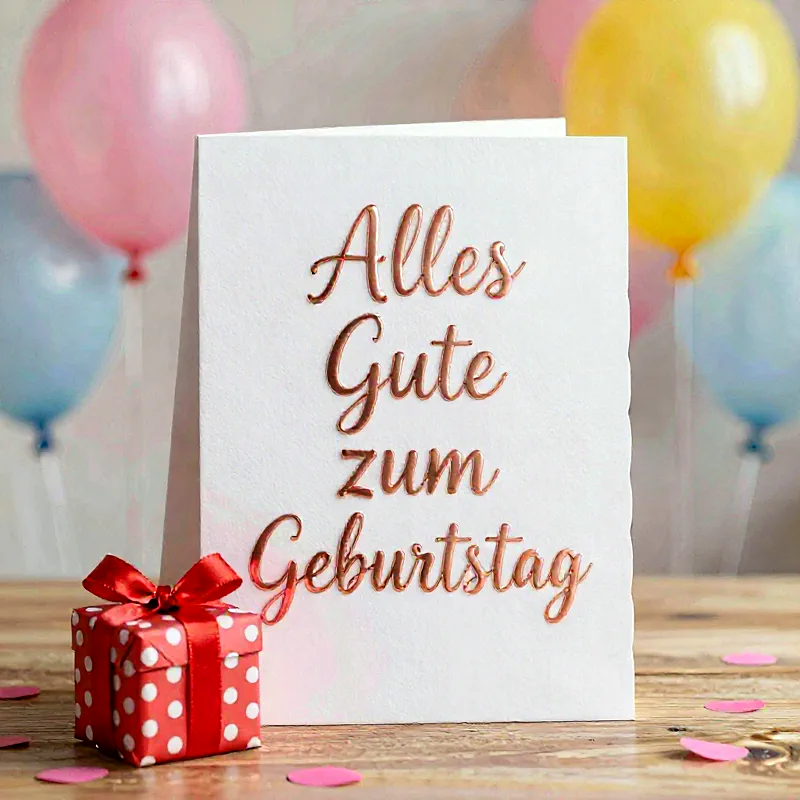 Weiße Geburtstagskarte mit glänzender Aufschrift "Alles Gute zum Geburtstag". Daneben steht eine rot-weiß gepunktete Geschenkbox mit Schleife. Bunte Ballons und rosa Konfetti schaffen eine festliche Atmosphäre auf dem Holztisch.