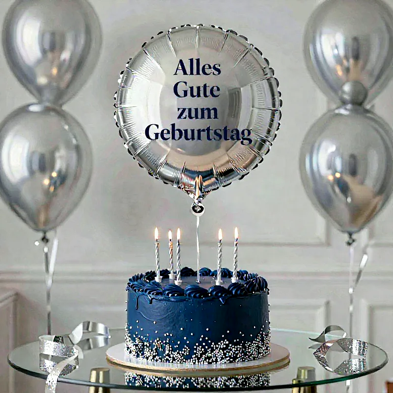 Dunkelblauer Geburtstagskuchen mit brennenden Kerzen auf einem Glastisch, umgeben von silbernen Ballons. Ein schwebender runder Folienballon trägt den Text „Alles Gute zum Geburtstag“ und verleiht der festlichen Szene eine luxuriöse Note.