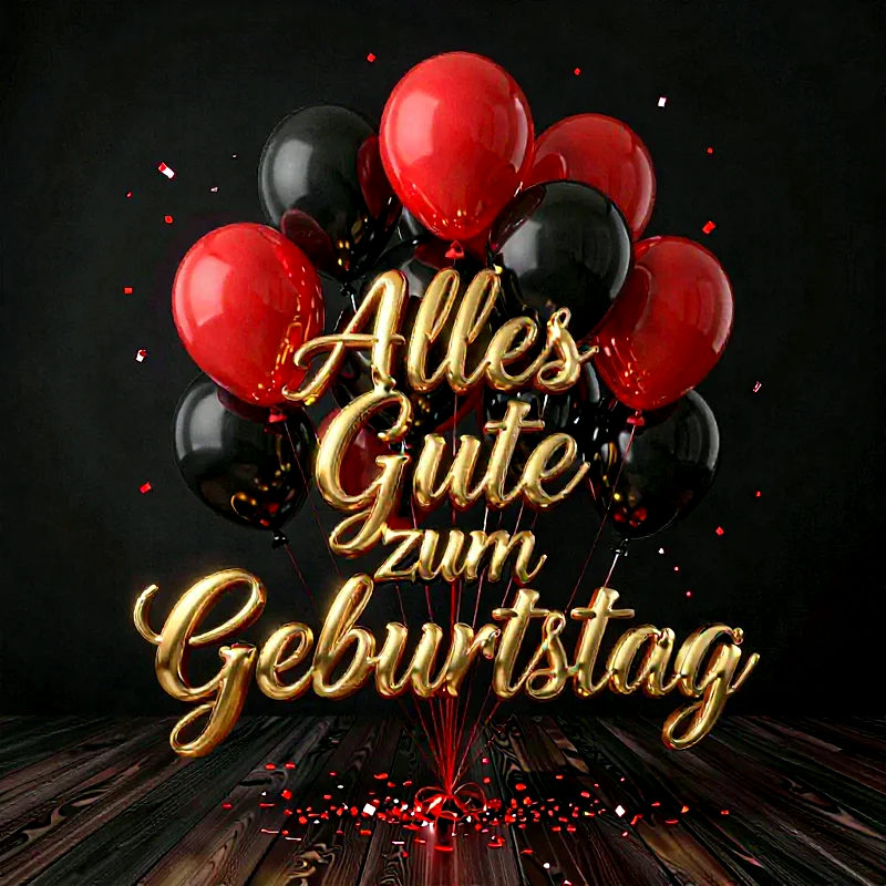 Glänzende rote und schwarze Luftballons schweben vor einem dunklen Hintergrund. Goldfarbene Schriftzüge stehen auf der Seite. Festliches Konfetti fällt herab. Dunkle Holzdielen. Feine Lichtreflexe.