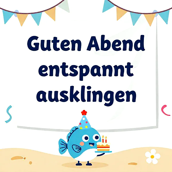 Ein liebenswerter blau-türkiser Fisch mit buntem Partyhut hält eine Geburtstagstorte mit Kerzen. Festliche Wimpelketten und Konfetti umrahmen das süße Motiv auf hellem Untergrund und sandigem Boden.