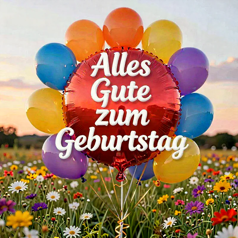 Ein festliches Bouquet bunter Luftballons, darunter ein roter Folienballon mit 'Alles Gute zum Geburtstag', schwebt über einer blühenden Wildblumenwiese. Warme Farben des Himmels umrahmen diese fröhliche Szene voller herzlicher Glückwünsche.