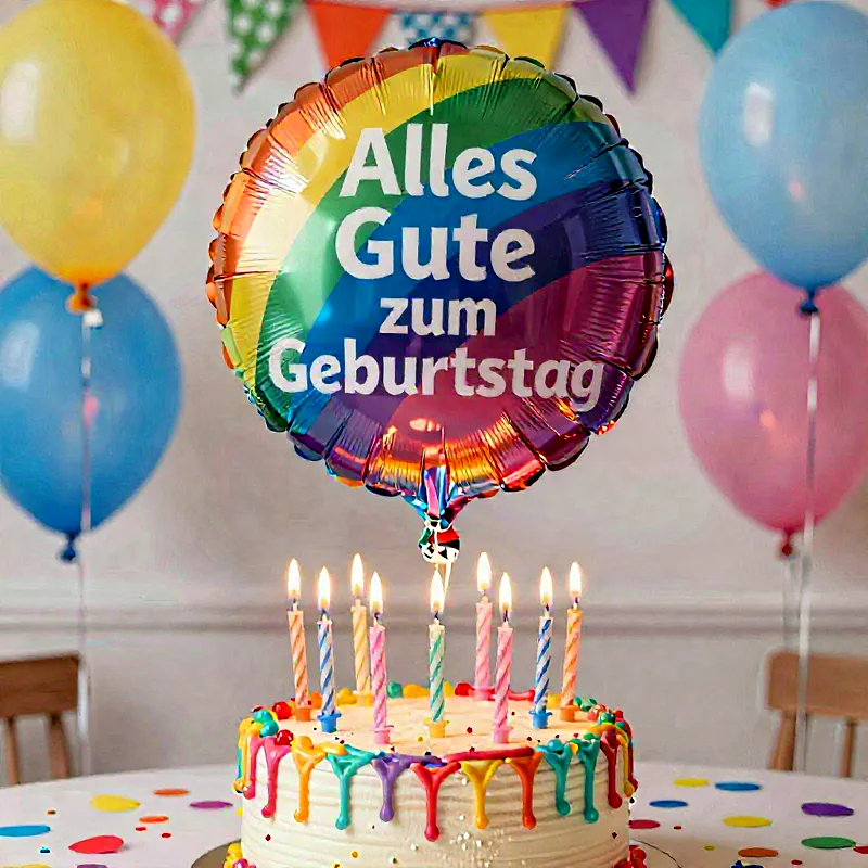 Ein festlich geschmückter Tisch zeigt einen bunten "Alles Gute zum Geburtstag"-Ballon und eine weiße Torte mit brennenden Kerzen sowie farbiger Drip-Glasur. Hintergrundballons und Girlanden verstärken die fröhliche, lebendige Geburtstagsstimmung.