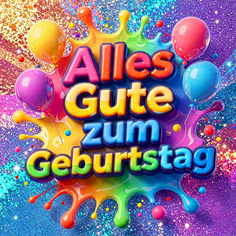 Bunte Geburtstagskarte mit bunten Luftballons und glitzerndem Hintergrund.