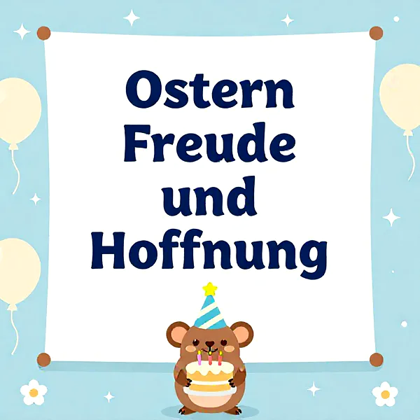 Putziges braunes Nagetier mit blauem Partyhut, das eine festliche zweistöckige Torte mit vier Kerzen hält. Im Hintergrund hellblaue Farben mit schwebenden Ballons und funkelnden Sternen, die Osterfreude ausstrahlen.