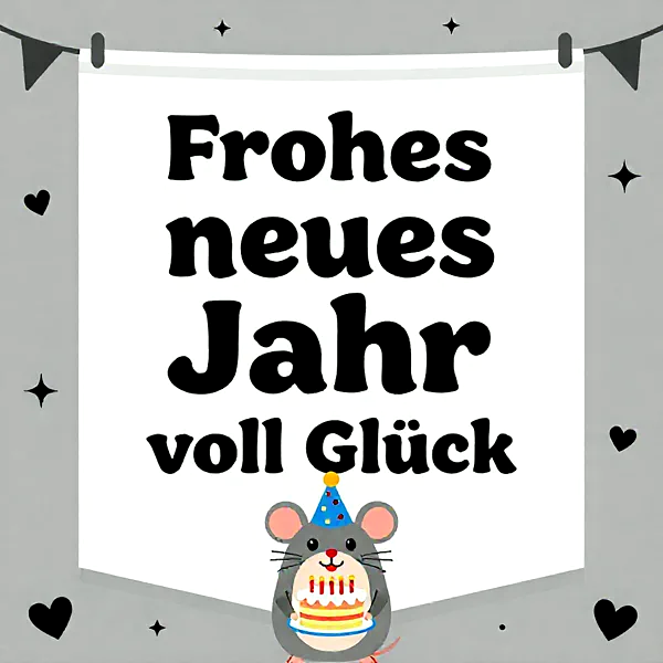 Frohes neues Jahr voll Glück: Süße Maus mit Torte für herzliche Wünsche