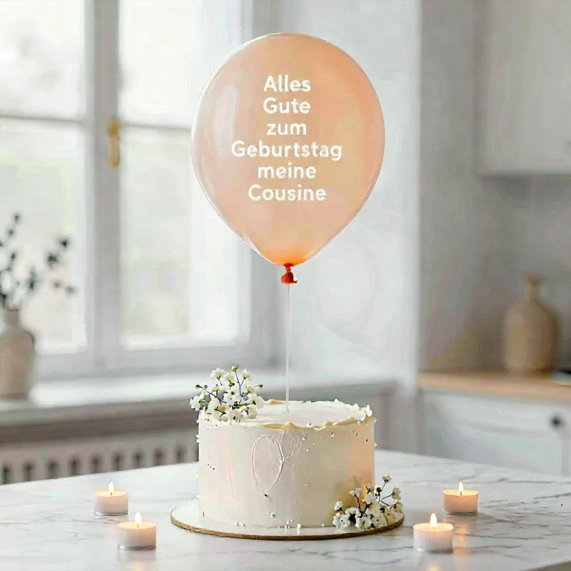 Eine elegante weiße Torte, liebevoll dekoriert mit zarten Blüten und silbernen Streuseln. Ein transparenter Ballon mit "Alles Gute zum Geburtstag meine Cousine" schwebt darüber, umgeben von warm leuchtenden Teelichtern. Eine festliche, herzliche Geburtstagsstimmung.