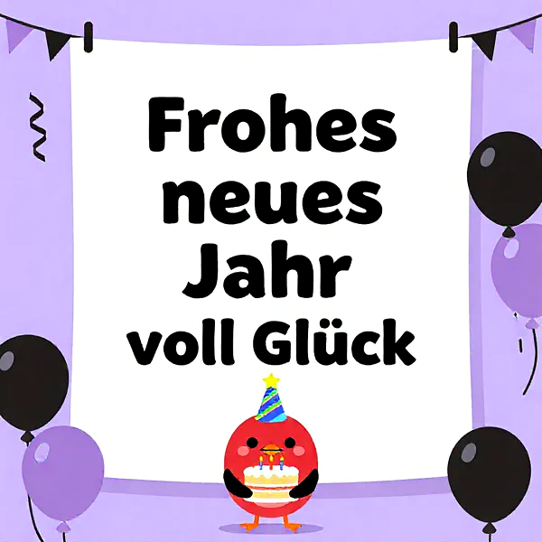Glückliches neues Jahr! Zärtliche Wünsche mit süßem Partyvogel und Torte