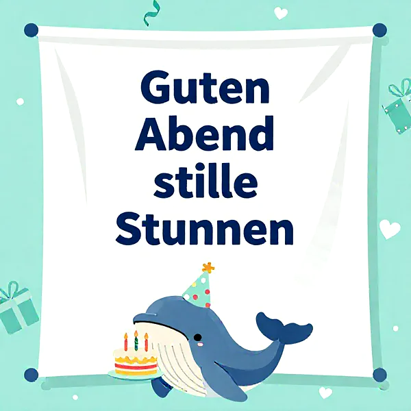 Ein charmanter Cartoon-Wal mit Partyhut hält eine kleine Geburtstagstorte mit vier Kerzen. Der Hintergrund zeigt einen hellblauen Himmel mit schwebenden Herzen, Konfetti und kleinen Geschenkboxen, die eine festliche und gleichzeitig ruhige Abendstimmung erzeugen.