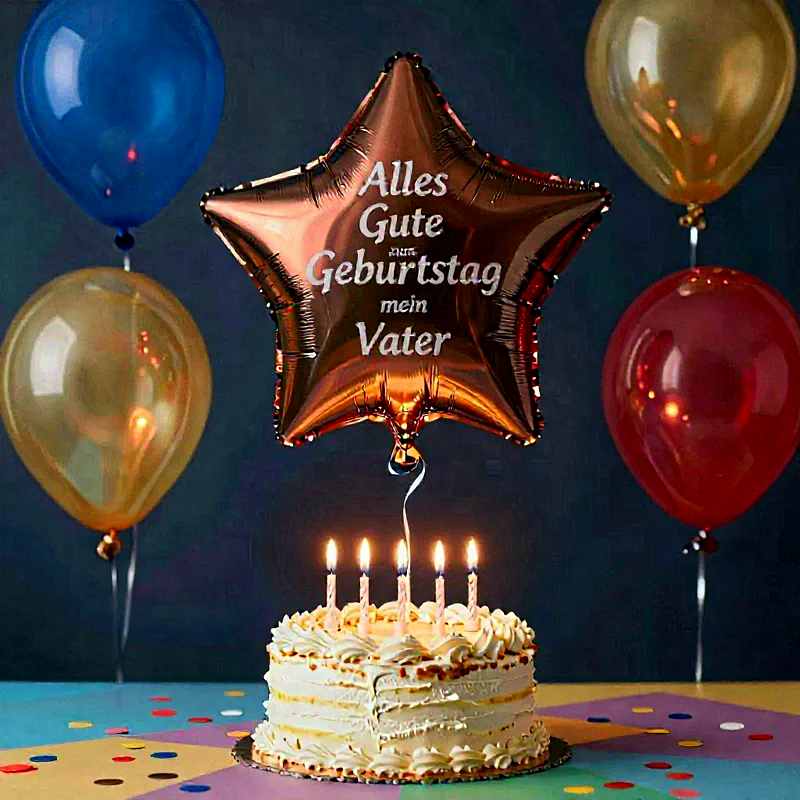 Festliche Geburtstagstorte mit fünf brennenden Kerzen. Ein glänzender Sternballon schwebt darüber, mit der Aufschrift 'Alles Gute zum Geburtstag mein Vater'. Bunte Ballons und Konfetti zieren die feierliche Umgebung.