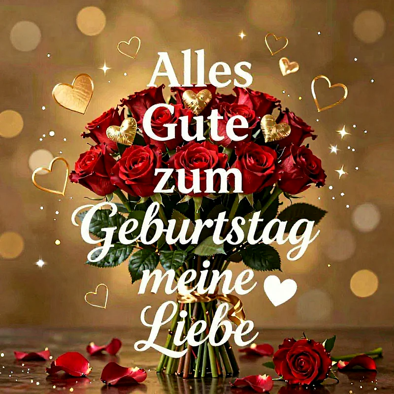 Herzliche Geburtstagsgrüße an meine Liebe – Rote Rosen und goldene Herzen