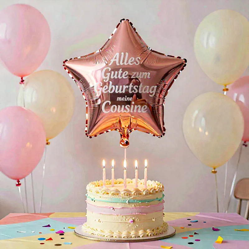 Liebevolle Geburtstagstorte mit brennenden Kerzen und einem roségoldenen Sternballon, der „Alles Gute zum Geburtstag meine Cousine“ verkündet. Dazu zarte pinke und cremefarbene Ballons sowie Konfetti für eine festliche Stimmung.