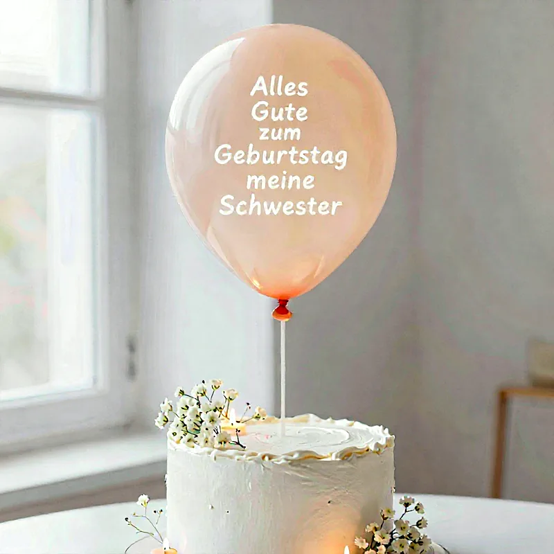 Herzliche Geburtstagsgrüße für die liebste Schwester mit süßer Torte & Ballon