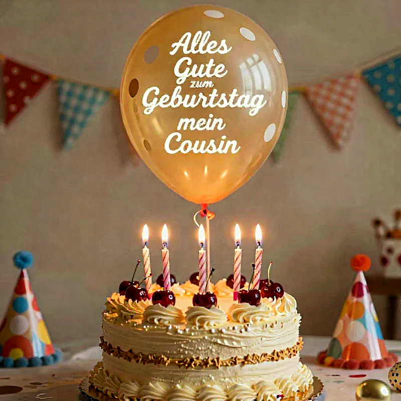 Ein festliches Geburtstagsbild zeigt eine reich verzierte Torte mit brennenden Kerzen und Kirschen. Ein goldener Ballon mit 'Alles Gute zum Geburtstag mein Cousin' schwebt darüber. Bunte Partyhüte und Girlande schaffen eine fröhliche Atmosphäre.