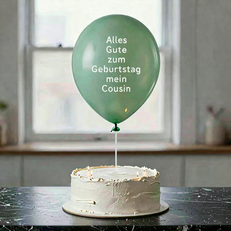 Ein festlicher grüner Ballon schwebt über einer schlichten weißen Geburtstagstorte mit leuchtenden Kerzen, darauf steht "Alles Gute zum Geburtstag mein Cousin", perfekt für herzliche Wünsche an Verwandte.