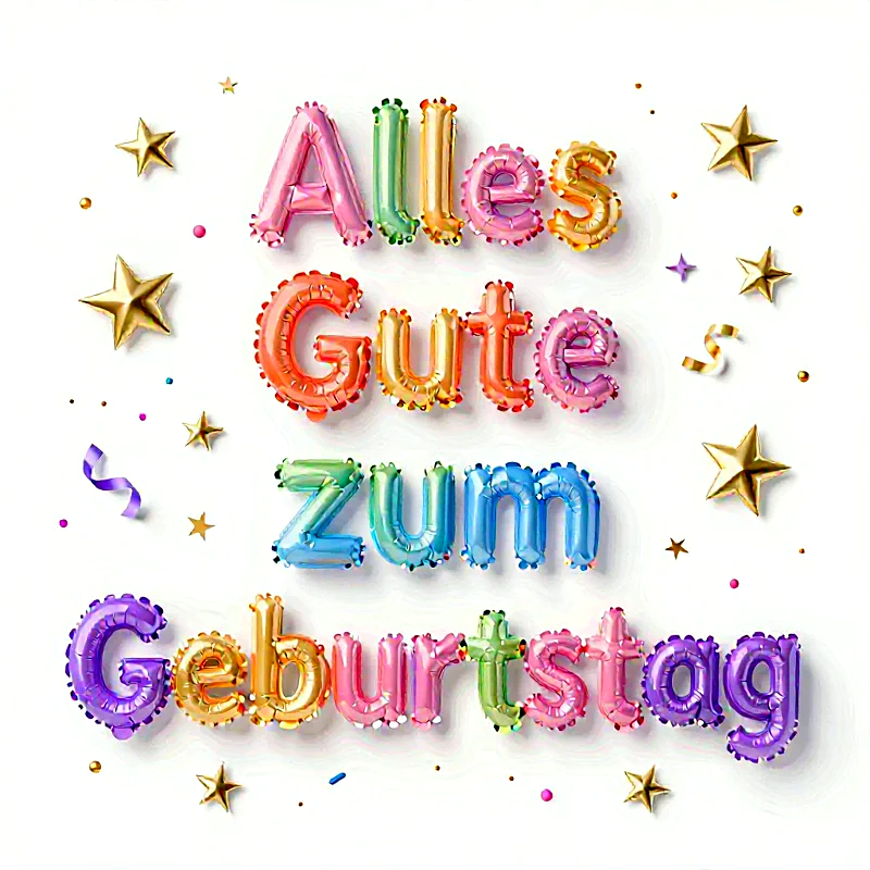 Herzliche Geburtstagsgrüße mit bunten Ballonbuchstaben und Sternen