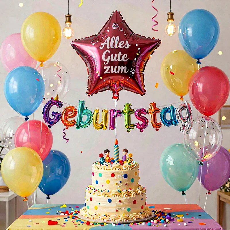 Herzliche Geburtstagsgrüße mit bunten Ballons & Torte