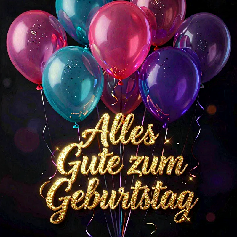 Ein festliches Bild mit glänzenden goldenen Buchstaben, die den Spruch "Alles Gute zum Geburtstag" formen. Darüber schweben viele bunte, durchsichtige Ballons in Pink, Türkis und Lila, umgeben von funkelnden Lichtreflexen.