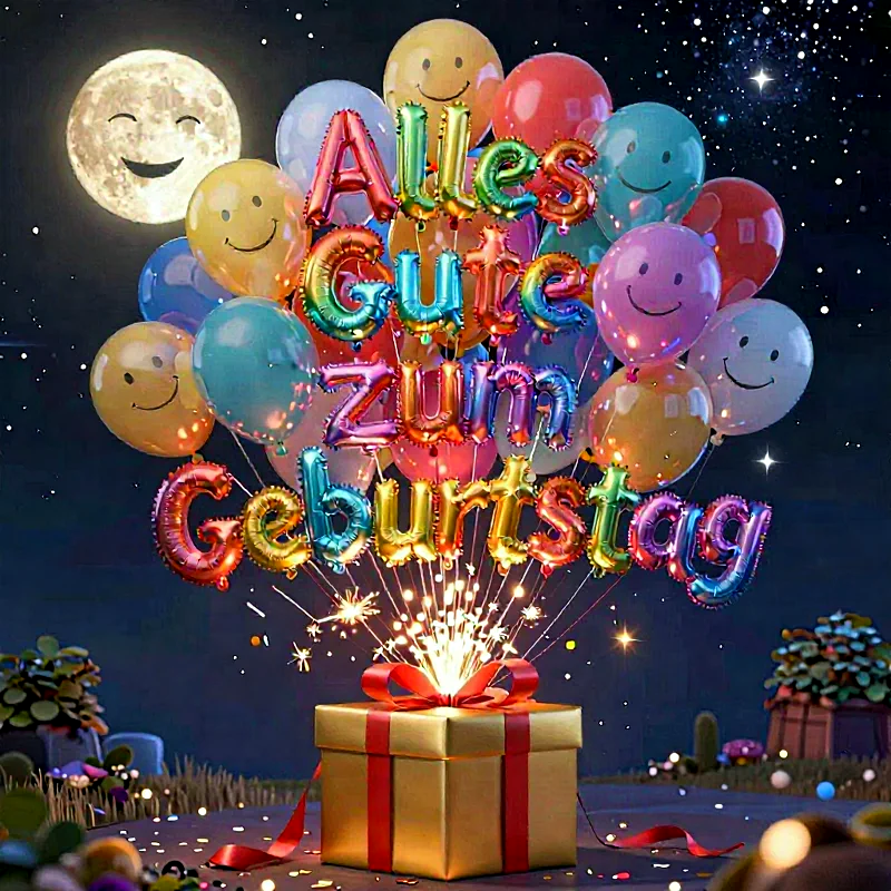 Herzliche Geburtstagsgrüße mit bunten Luftballons und Feuerwerk