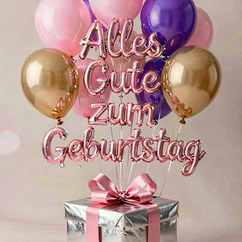 Herzliche Geburtstagsgrüße mit Luftballons und Geschenk