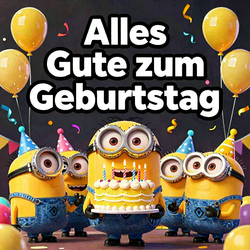 Minions feiern Geburtstag mit einer großen Torte und bunten Luftballons in festlicher Stimmung.