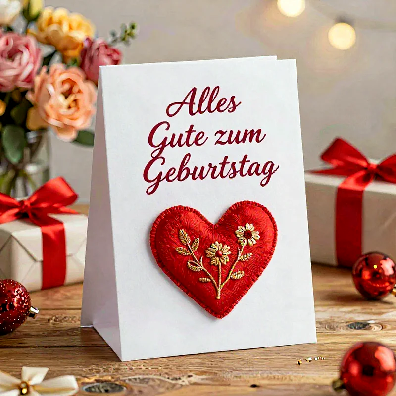 Eine weiße Geburtstagskarte mit dem Spruch „Alles Gute zum Geburtstag“ und einem aufgestickten roten Herz. Umgeben von Geschenken, Blumen und festlicher Dekoration, verbreitet das Bild eine herzliche, liebevolle Stimmung.