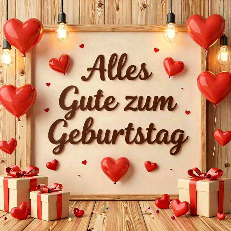 Herzliche Geburtstagsgrüße mit roten Herzen und Geschenken