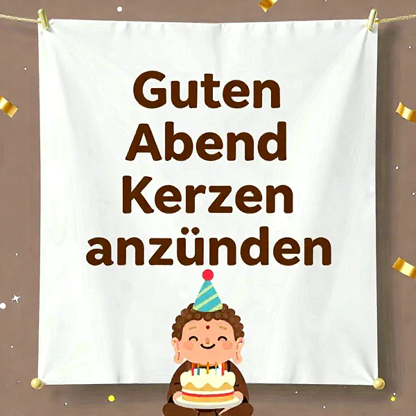 Ein süßer Affe hält eine Geburtstagstorte mit brennenden Kerzen, dahinter ein Banner mit der Aufschrift 'Guten Abend Kerzen anzünden'.