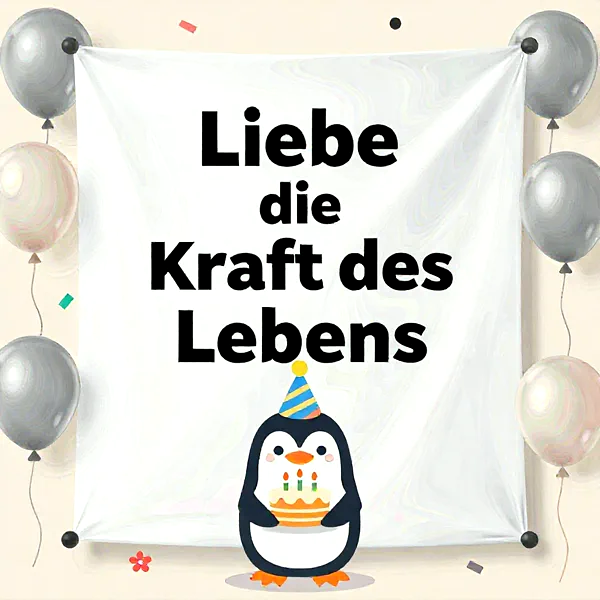 Herzliche Geburtstagsgrüße mit süßem Pinguin und festlicher Torte