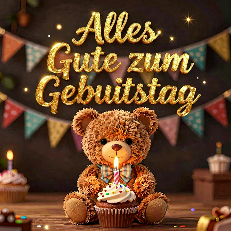 Herzliche Geburtstagsgrüße mit süßem Teddy und Cupcake