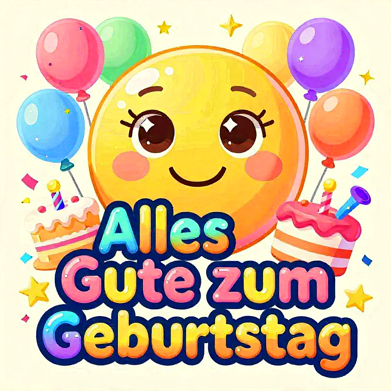 Herzliche Geburtstagsgrüße mit süßer Sonne und bunten Ballons