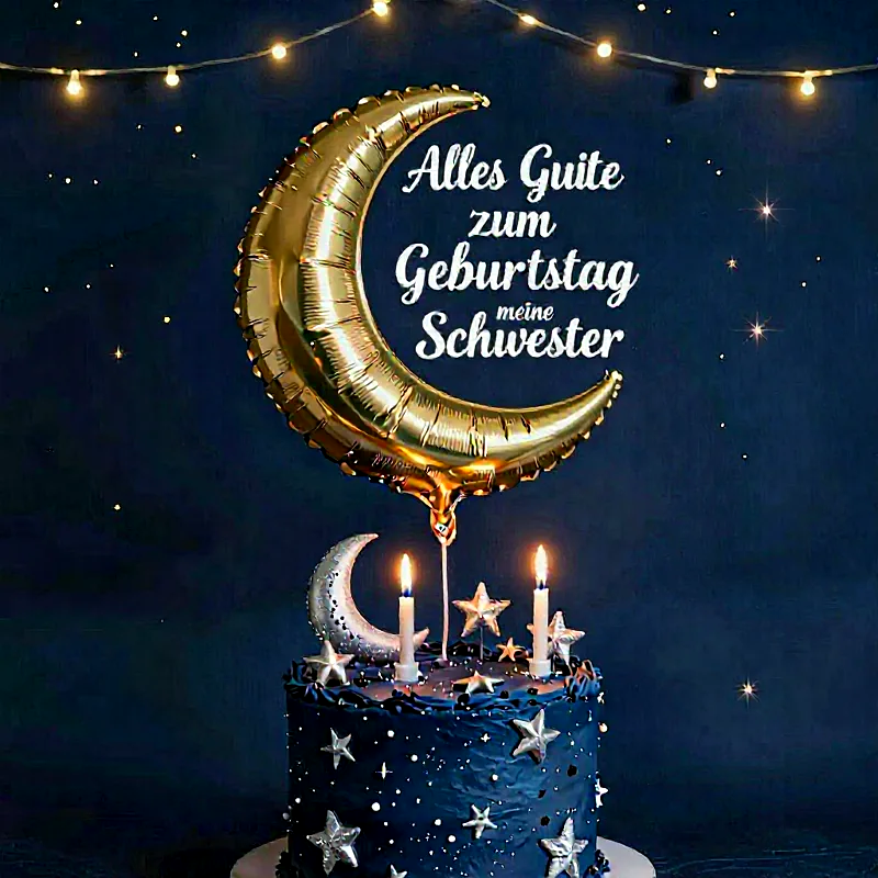 Dunkelblaue Geburtstagstorte mit silbernen Sternen und einem kleinen Mond, beleuchtet von zwei brennenden Kerzen. Darüber schwebt ein goldener Mondballon. Eine liebevolle Gratulation zum Geburtstag der Schwester in einer sternenklaren Nacht.