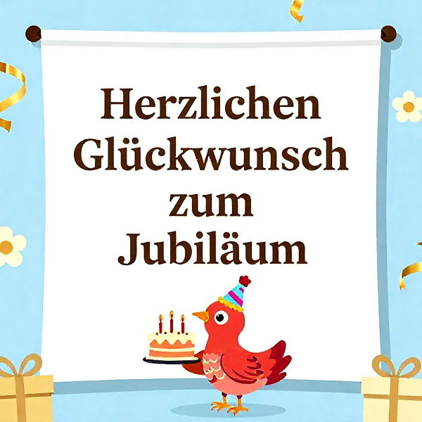 Ein niedlicher roter Vogel mit einer bunten Partyhütchen, der eine Geburtstagstorte mit drei brennenden Kerzen hält. Eine festliche Glückwunschkarte zum Jubiläum, um Freude zu schenken.