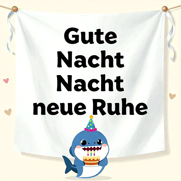süßer blauer Hai mit Partyhut hält eine Torte vor einem weißen Banner mit dem Text 'Gute Nacht Nacht neue Ruhe'