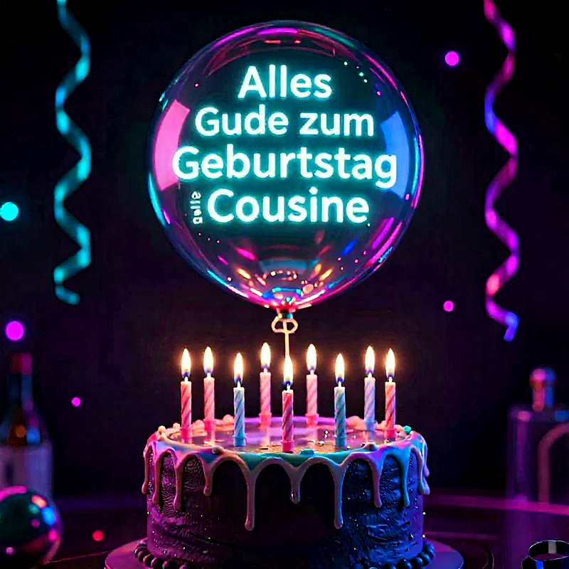 Eine dunkle Geburtstagsszene mit Torte und neun brennenden Kerzen. Ein leuchtender Ballon mit der Botschaft 'Alles Gute zum Geburtstag Cousin' schwebt darüber. Bunte Lichtpunkte und schwebende Partybänder erzeugen eine magische, festliche Atmosphäre.
