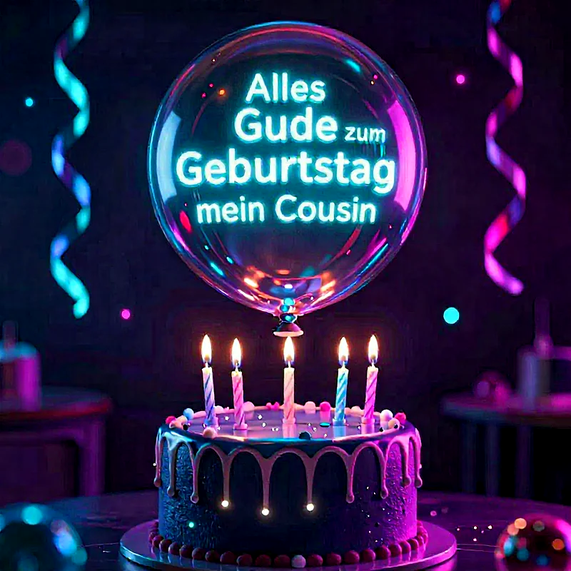 Ein dunkles, festliches Bild mit einer Geburtstagstorte, fünf brennenden Kerzen und einem leuchtenden Ballon, der die Worte 'Alles Gute zum Geburtstag mein Cousin' in neonblauen und pinken Farben zeigt. Die Atmosphäre ist magisch und voller warmer Wünsche.