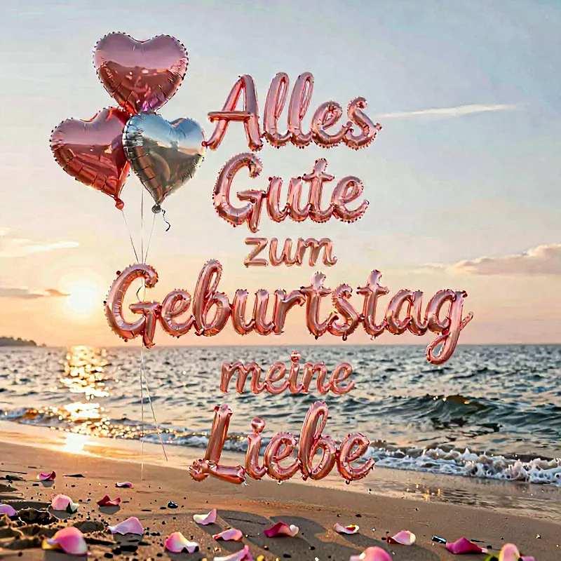 Liebevolle Geburtstagsgrüße am Strand mit Luftballons