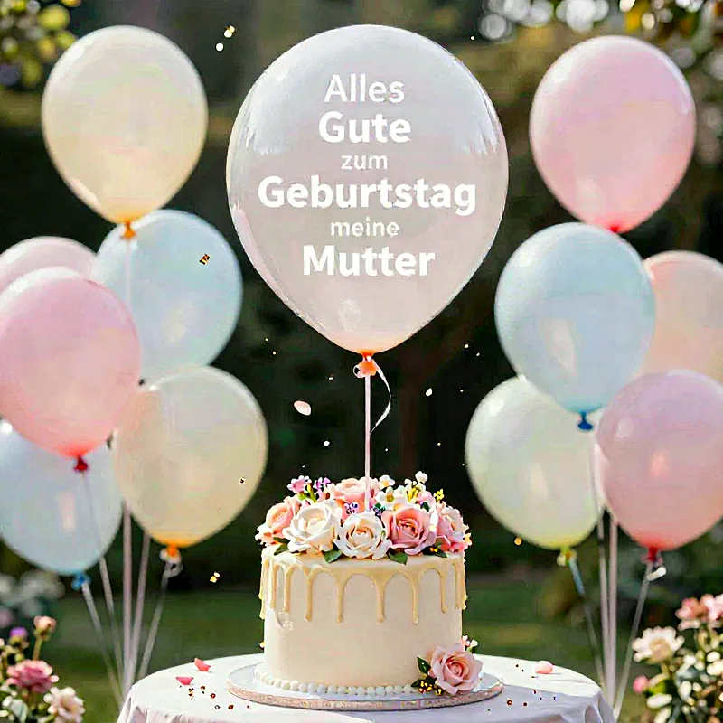 Zarte Geburtstagstorte mit rosa Blumen und Luftballons in Pastelltönen, festliche Stimmung.