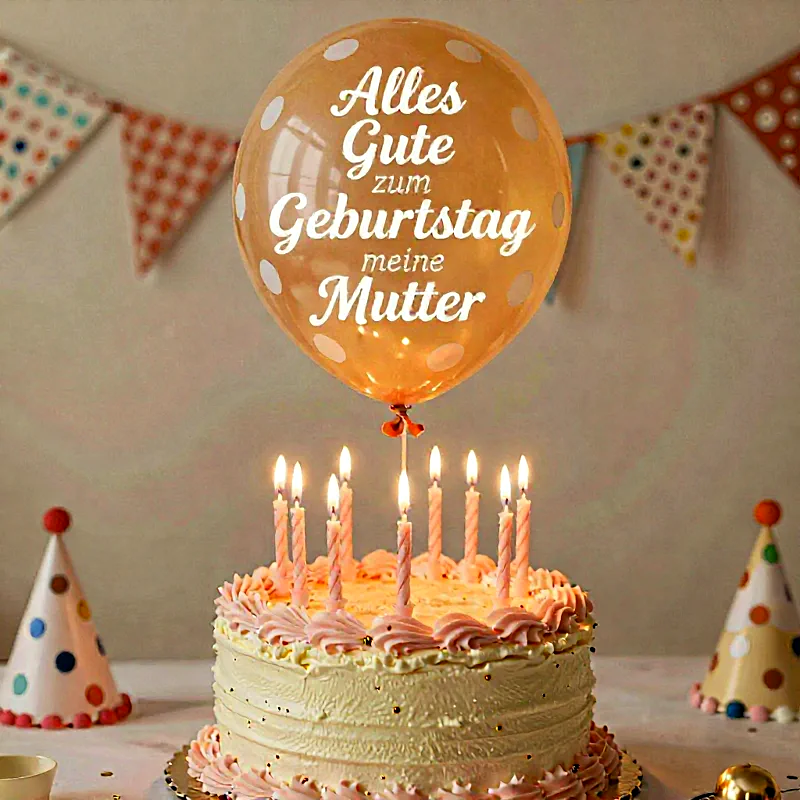 Geburtstagstorte mit brennenden Kerzen und Luftballon mit der Aufschrift 'Alles Gute zum Geburtstag meine Mutter', feierliche Atmosphäre.