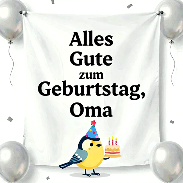 Ein niedlicher Vogel mit Partyhut hält eine kleine Torte, umgeben von Luftballons und Konfetti.
