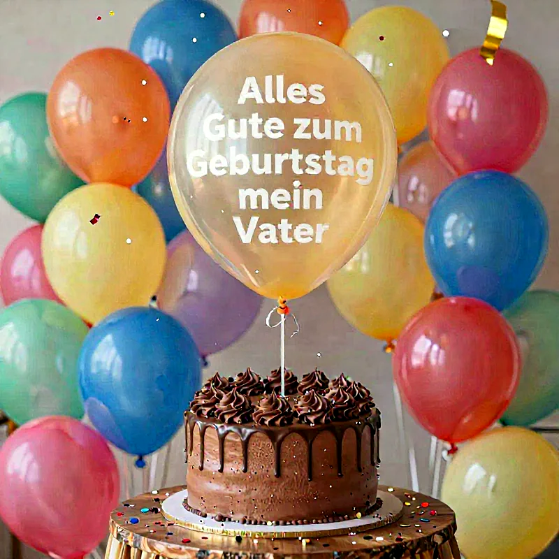 süße Geburtstagstorte mit Schokoladenverzierung und Ballons in bunten Farben, festliche Atmosphäre