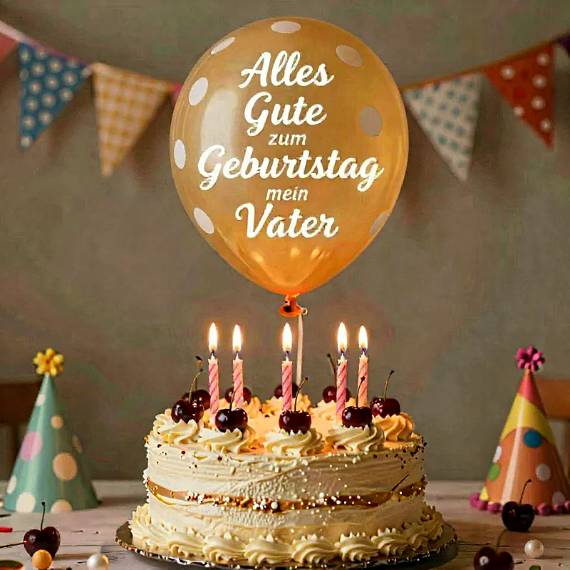 Zweistöckige Geburtstagstorte mit Kerzen und Kirschen, darüber ein goldener Ballon mit Geburtstagsgruß.