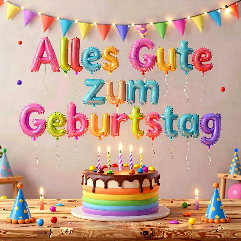 Liebevolle Geburtstagsgrüße mit buntem Ballonzauber und Kuchen