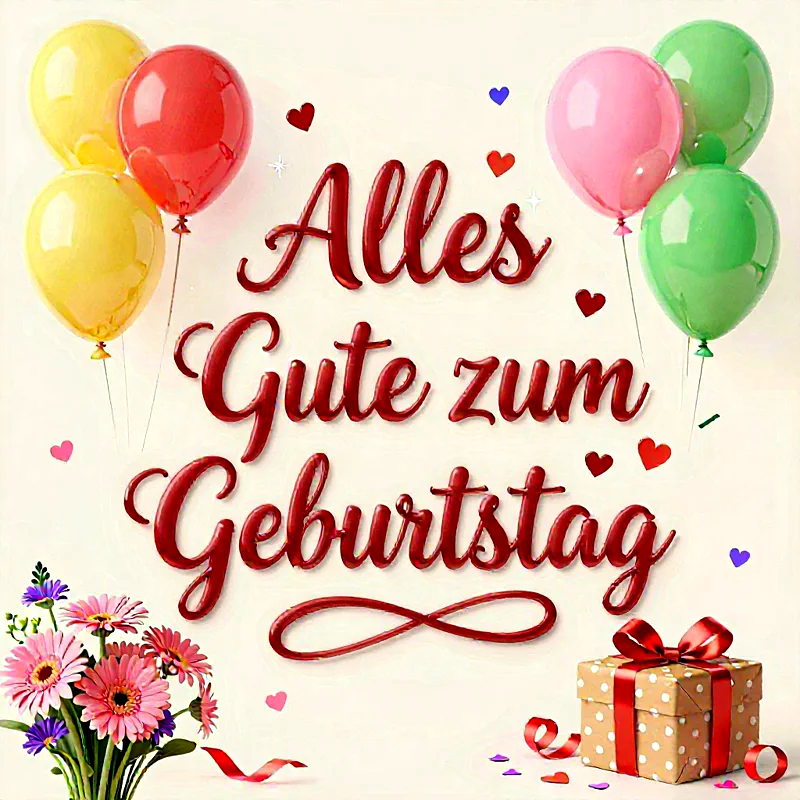Liebevolle Geburtstagsgrüße mit bunten Ballons und Blumen