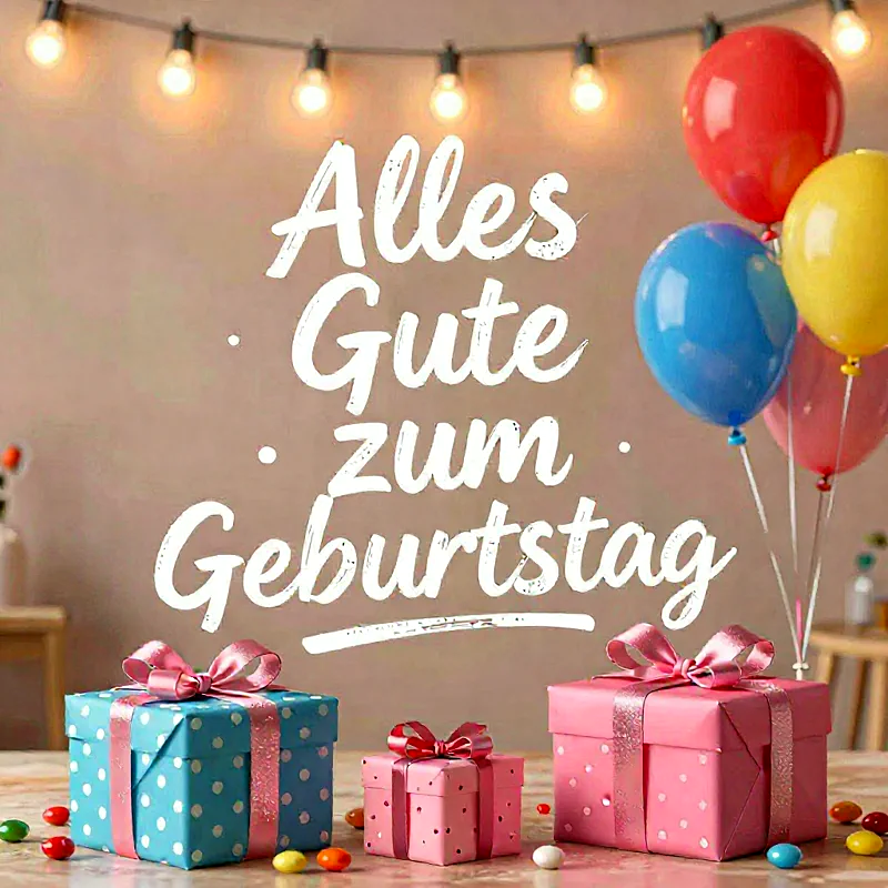 Drei bunte Geschenke mit Schleifen und Luftballons in einer festlichen Geburtstagsatmosphäre.