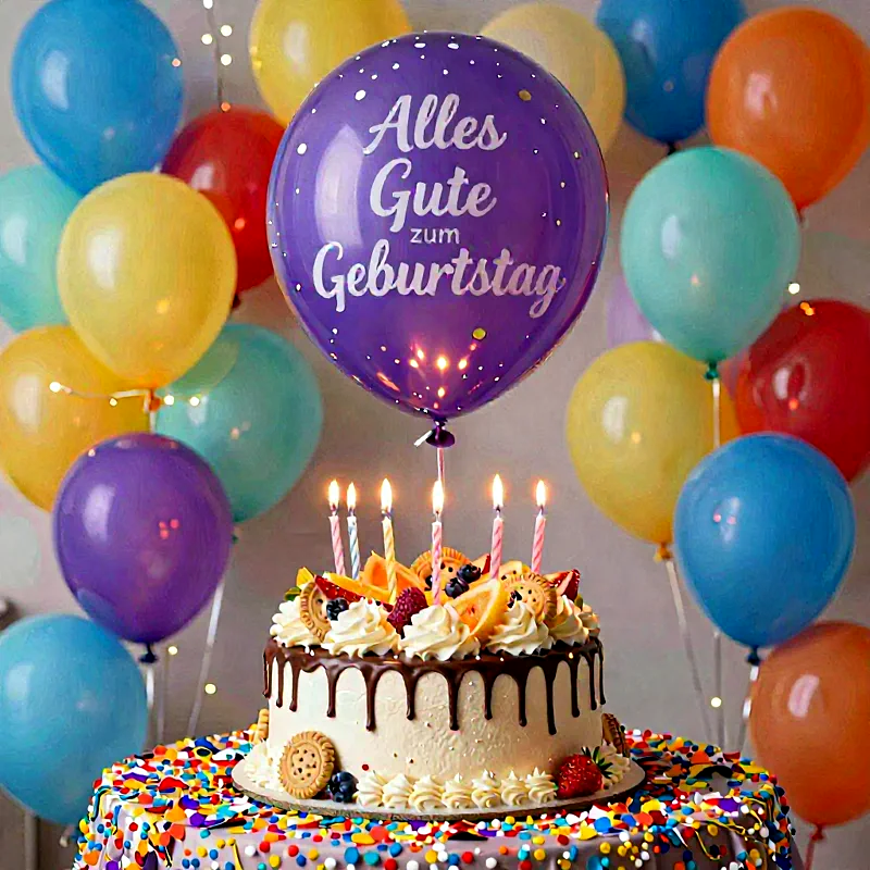 Liebevolle Geburtstagsgrüße mit bunter Torte und Luftballons