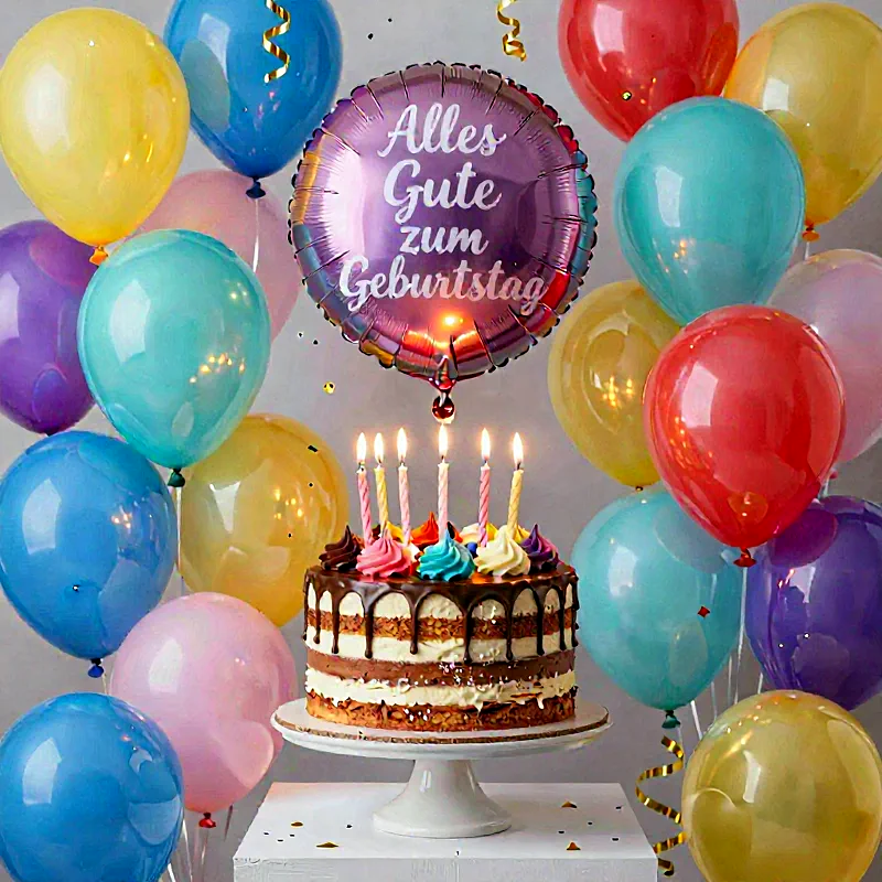 Liebevolle Geburtstagsgrüße mit bunter Torte und Luftballons