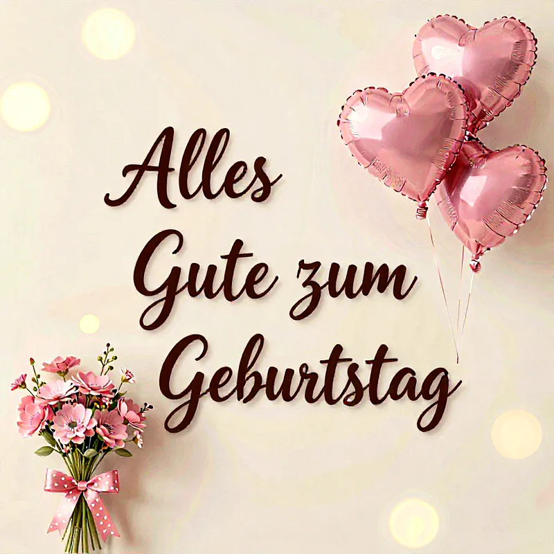 Ein süßer Geburtstagsgruß mit rosa Herzluftballons und einer Blumenstrauß in Rosa.