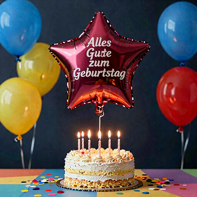 Eine festliche Geburtstagstorte mit sechs brennenden Kerzen auf buntem Konfetti. Darüber schwebt ein roter Sternenballon mit 'Alles Gute zum Geburtstag', umrahmt von bunten Luftballons. Eine herzliche, fröhliche Feierstimmung.