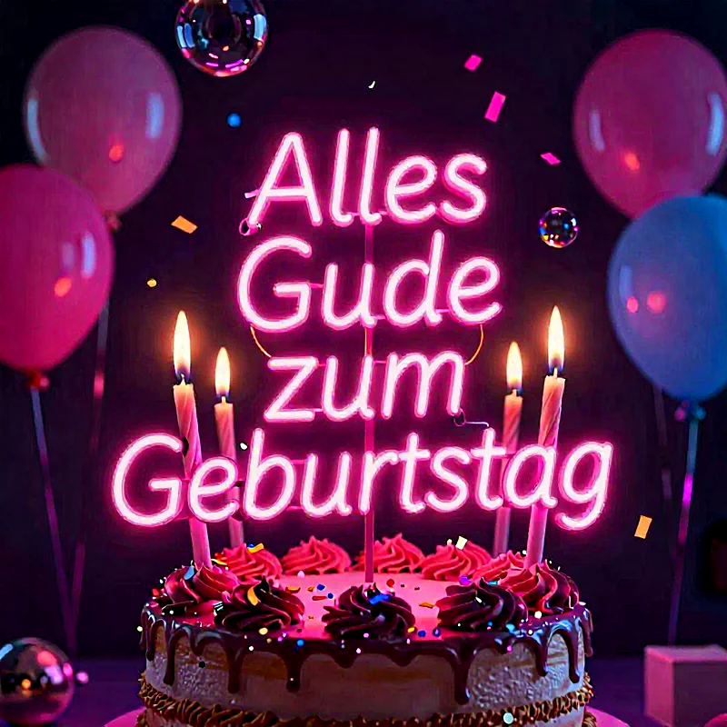 Liebevolle Geburtstagsgrüße mit leuchtender Torte und Luftballons