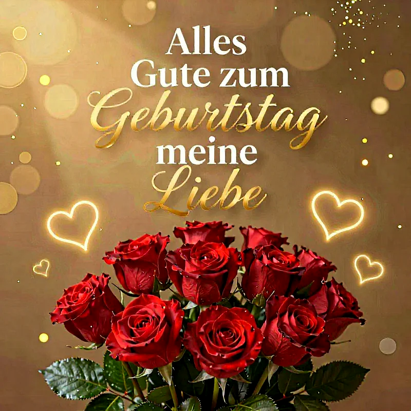 Ein strahlender Blumenstrauß aus roten Rosen mit goldenem Geburtstagstext und herzförmigen Lichtern.